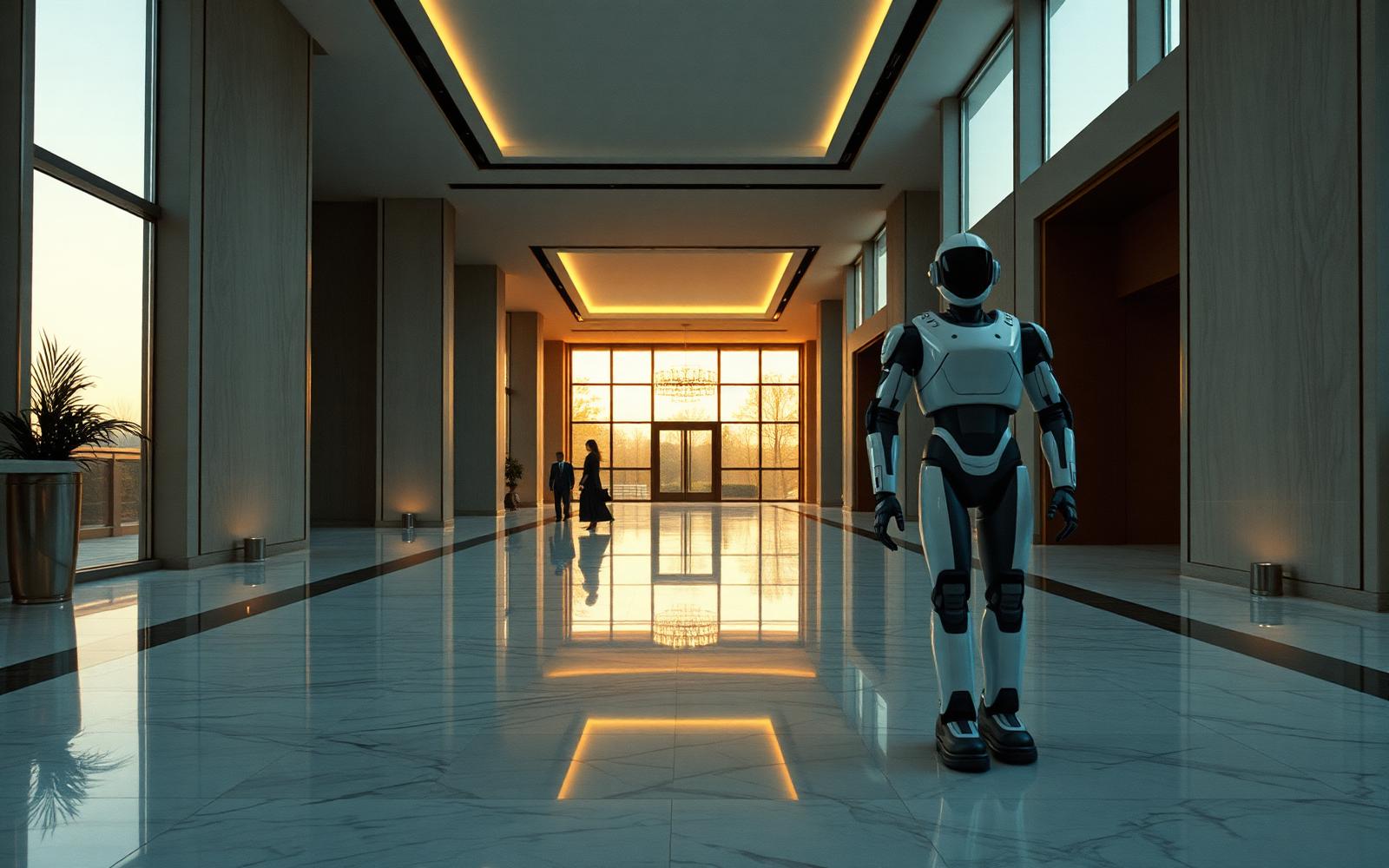 A service robot in a modern hotel corridor at dusk.
