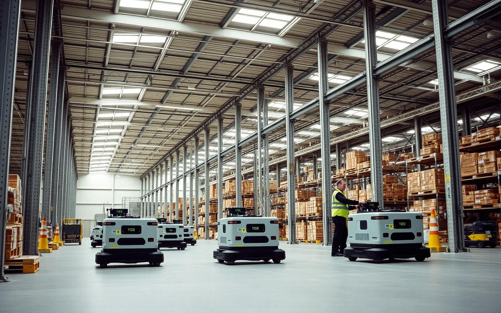 Warehouse with a fleet of autonomous mobile robots.