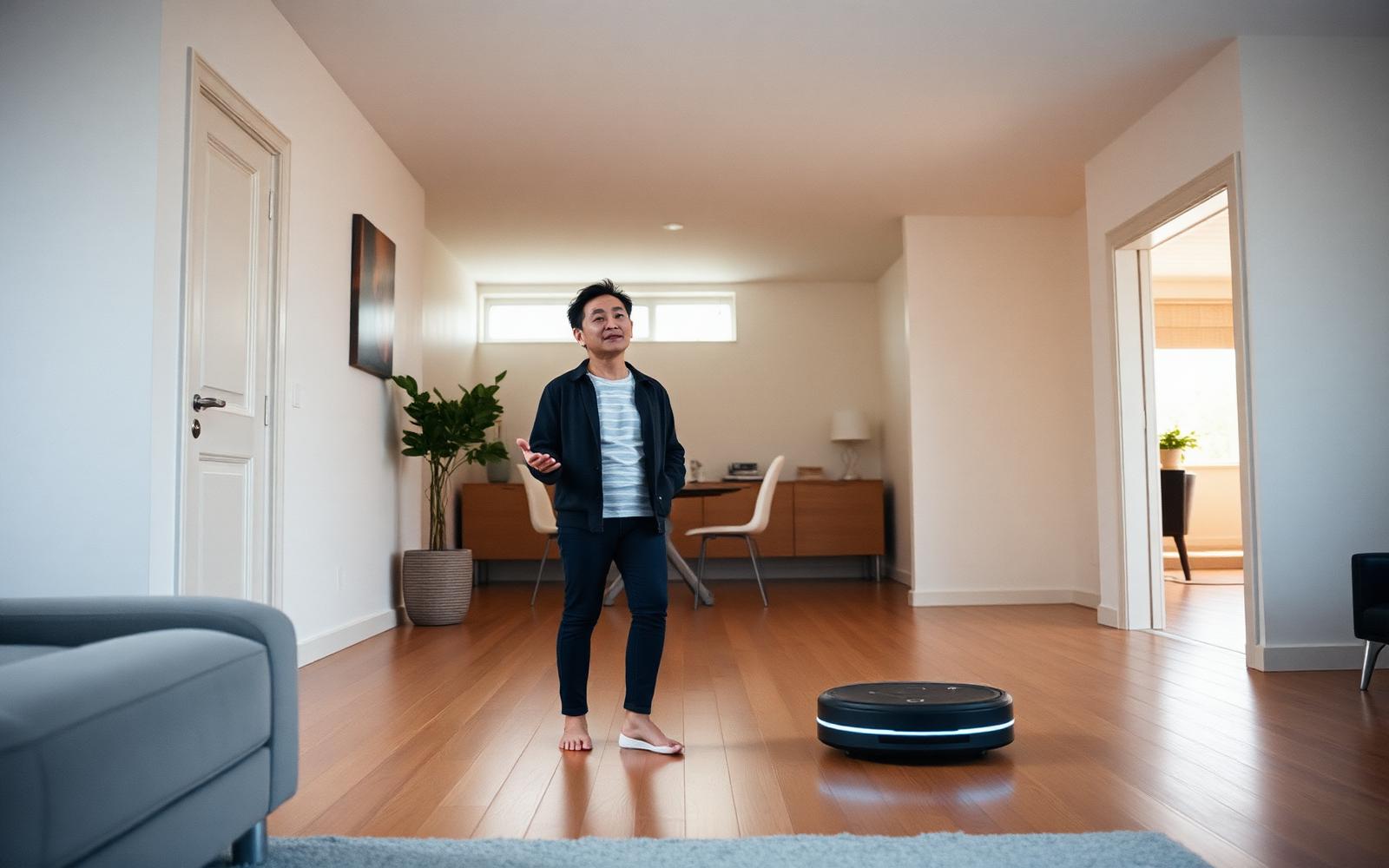Person in a home with an autonomous cleaning robot.