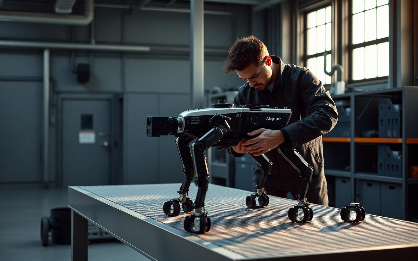 Technician calibrating a quadruped robot in a lab.